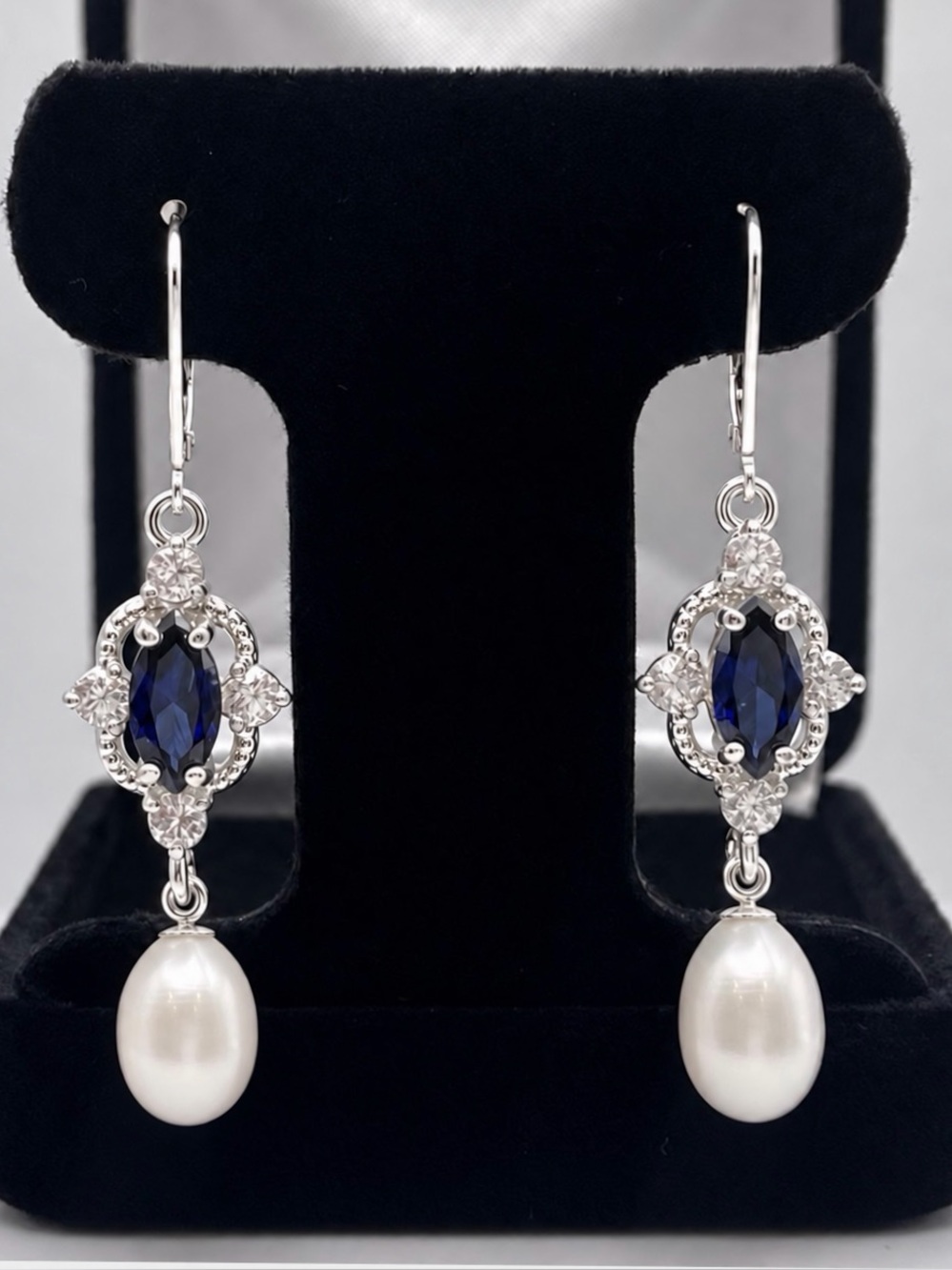 Genuine Pearls & Sapphire Earrings Sterling Silver Drop Dangle Pearl Earrings